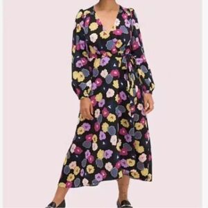 Kate Spade Colorful Black Floral Winter Garden Maxi Wrap Dress Sz 0